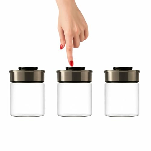 BURI Lot de 3 bocaux de conservation sous vide de 700 ml | Bocaux de conservation en verre avec couvercle en acier inoxydable et mécanisme à clic sous vide | Hermétiques, anti-mites, empilables et