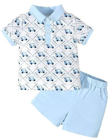 JENJON Conjunto Ropa para Niños Pequeños Manga Corta con Cuello Vuelto Camiseta Polo Lisa/Estampada y Pantalones Cortos 2 Piezas Chándal Traje para Verano Estampado de coche azul 6-12 Meses