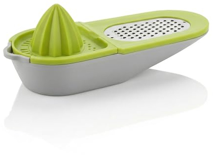 Arendo - Zitruspresse plus Küchenreibe – Zitronenpresse und Reibe – mit Behälter – manuelle Orangenpresse – Handpresse – Zitronenreibe – platzsparend – Spülmaschinengeeignet