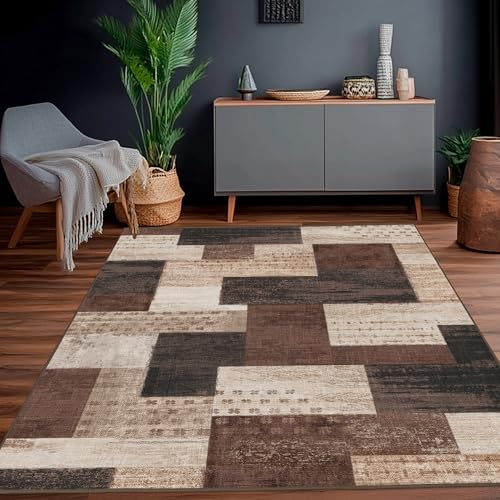 Calinline Tappeto moderno geometrico patchwork per interni e soggiorno, antracite, 140x200 cm, grandi tappeti, collezione Rockwood, decorazione per camera da letto, grigio, morbido, pelo corto