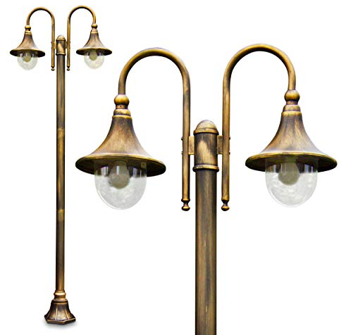 Außenleuchte Elgin, Kandelaber in antikem Look, Metall in Braun/Gold mit Lampenschirmen aus Kunststoff, 2-armige Wegeleuchte 225 cm, Retro/Vintage Gartenlampe, E27-Fassung, IP44, ohne Leuchtmittel