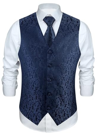 Enlision Gilet Uomo blu navy Elegante Nozze Paisley Panciotto Jacquard Gilet da Abito Cravatta e Fazzoletto Set per Festa Sposa XL