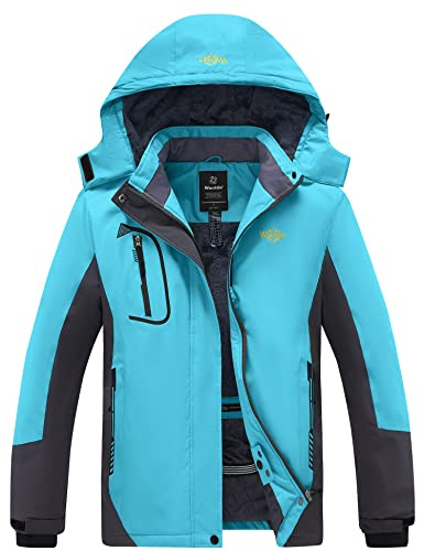 Wantdo Chaqueta de Esquí Impermeable Montaña Abrigo Windbreaker Paño Grueso Suave Parka Acampar Viajar Chaqueta de Bolsillos Múltiples Cremallera para Mujer Azul Claro Large