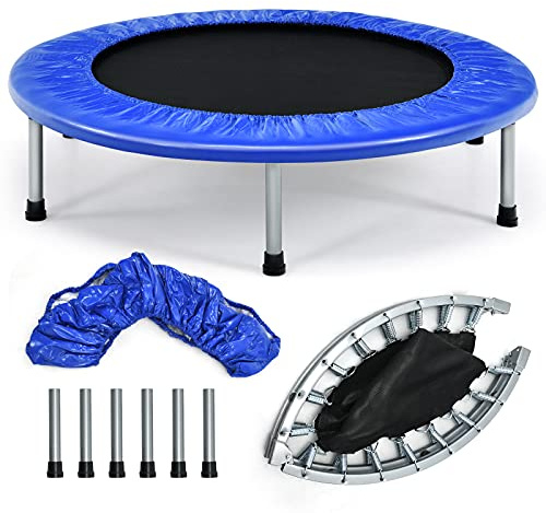 GYMAX Rebounder Trampoline for Adults, Mini Exercise Trampoline with Safety Pad, Foldable Rebounding Fitness Trampoline for Indoor/Outdoor, Small Workout Trampoline for Adults (Blue)
