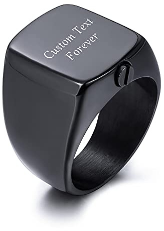 INBLUE Personalized Stainless Steel Cremation Urn Signet Ring for Men Women Pet Customized Text Ashes Holder Memorial Jewelry with Funnel Kit (Black Size Z+1)