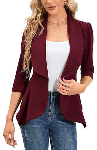 Clearlove Blazer dam elegant business kavaj 3/4 ärm lång smal passform vårjacka, Vinröd, S