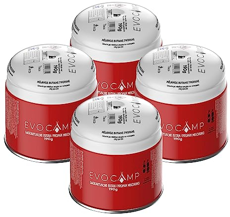 EVOCAMP 4X Stechkartuschen 190g, Propan Butan Gaskartuschen mit integriertem Gas Lock System, Gas Kartusche mit Camping Gas geeignet für Gaskocher, Campingkocher, Gasbrenner, Kohleanzünder, Lötlampe