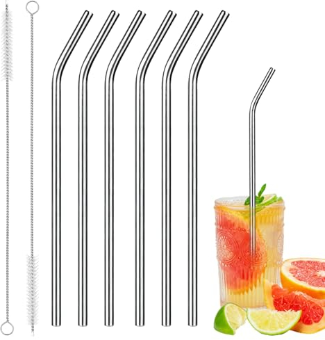 VINEST 6 Stück Strohhalme Edelstahl 304, Strohhalm Wiederverwendbar mit 2 Reinigungsbürsten, Metall Trinkhalme Edelstahl, Spülmaschinenfest Strohhalme für Cocktails Smoothie Säfte (Gebogen)