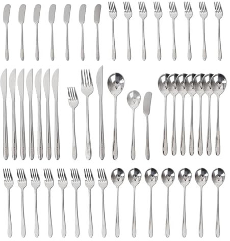 Set di posate in acciaio inox 18/10, 48 pezzi, coltelli, forchette, cucchiai, cucchiai da dessert, coltello da burro, lucidato, colore argento (set da 48 pezzi)