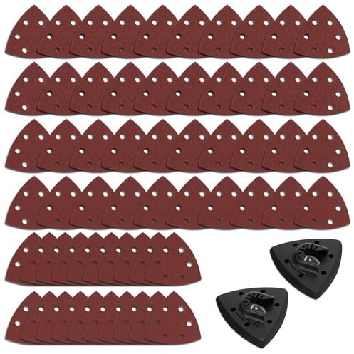 Juego de 62 almohadillas de lija triangulares multifunción, papel de lija para detalles de lijadora de ratón, 60, 80, 120, 180, 240, 320, papel de lija multiherramienta con 2 herramientas para moler y