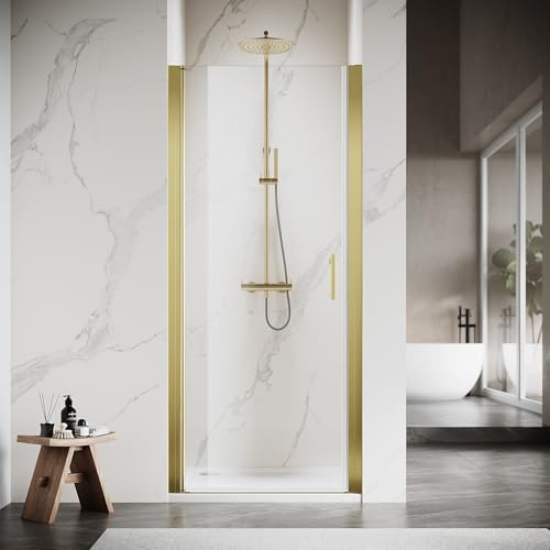 Semi-Frameless Pivot Shower Door 30 W x 72 H, Brushed Gold Glass Door with 6mm SGCC Clear Tempered Glass, Reversible Design, Waterproof Seal, Anti-Fog & Easy Clean Coating