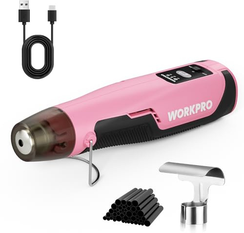 WORKPRO Pistola ad aria calda mini 8V con batteria 4000 mAh, 300℃/450℃, riscaldamento rapido in 30 s, con ugello riflettente e 50 guaine termorestringenti per fai-da-te, riparazioni e bricolage