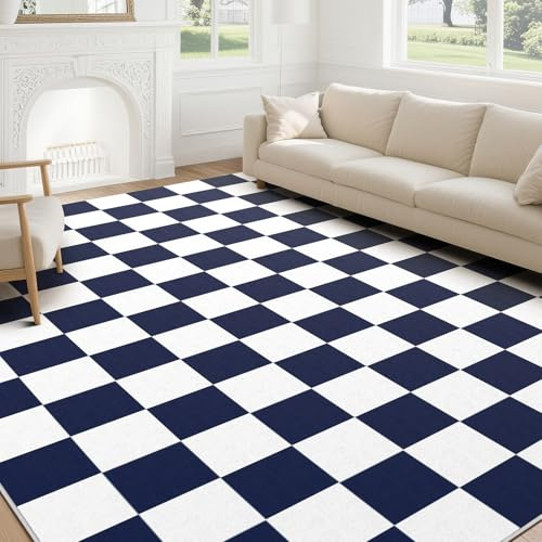 SOANNY Tapis Salon 200x300 cm, à Poils Courts, Super Doux, Lavable, antidérapant, Motif à Carreaux, pour Salon, Chambre, Bureau, Bleu Marine-Blanc