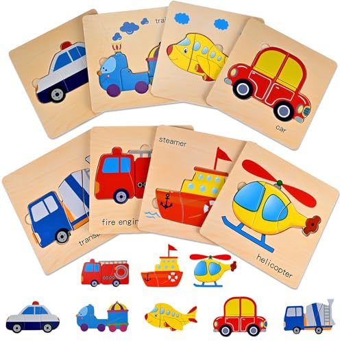8 Stück Holzpuzzle ab 2 Jahre Montessori Spielzeug Fahrzeuge Set Steckpuzzle Holz für Kleinkinder Lernspielzeug Baby ab 1 Jahr Greifpuzzle Motorikspielzeug Jungen Mädchen Kinder Geschenk