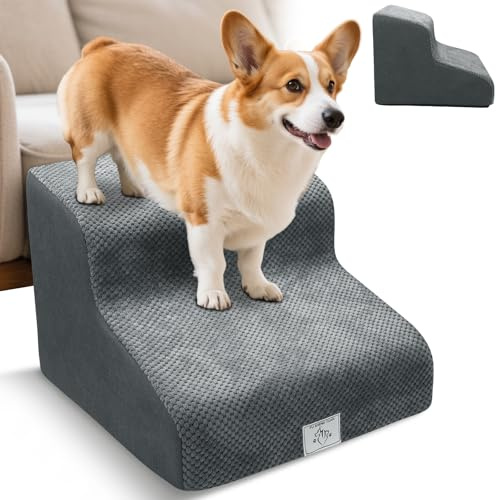 Escalera para perros pequeños, 2 peldaños, para perros pequeños, impermeable, antideslizante, con inclinación, extraíble, lavable, asa, gris topo