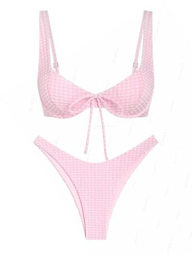 seamoly Women's Light Pink Gingham Bowknot Cinched Back Underwire Balconette Cheeky Bikini Set – Lined Padded Adjustable Straps Light Pink L