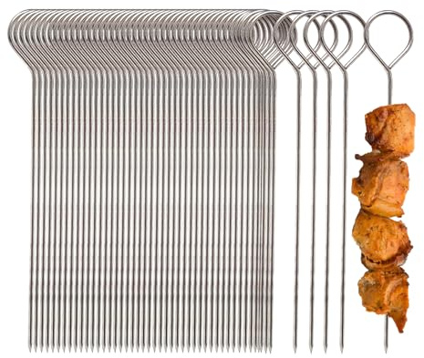 JURENEE 50 Pièces Skewers, Piques Brochettes en Acier Inoxydable, Pique Brochette Inox de 15cm, Simple D'utilisation, Excellente Qualité, Facile à Nettoyer, Convient pour le Barbecue, la Cuisson