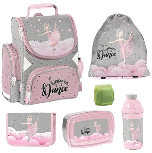 Familando Mädchen Schulranzen-Set Ballerina, 8-teilig, ergonomischer Tornister mit Reflektoren, ab der 1. Klasse mit Federmappe und Sporttasche (Ballerina)