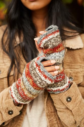 Pachamama kvinnor ull handvärmare fleecefodrad handstickad Fairisle-mönster flerfärgad en storlek handgjord extra varm rättvis handel (grå, en storlek)