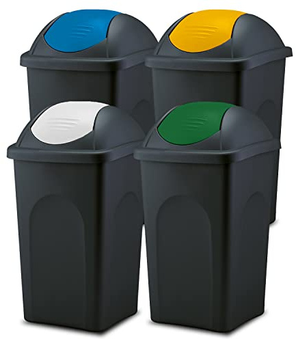Home Centre Swing Top Recycling Bin Multipat Black with White Lid 4x60 lt | Large 60L Kitchen Bin for Household Waste Sorting, Easy to Clean with Colour Coding to Help Identify Different Waste Types
