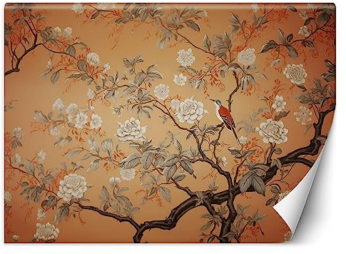 Feeby Fototapete Natur Blumen 150x105 cm Orange XXL Vlies Wandtapete Tapeten Wohnzimmer Schlafzimmer Jugendzimmer Moderne Design Wandbild Wand Dekoration Vogel AI Botanik