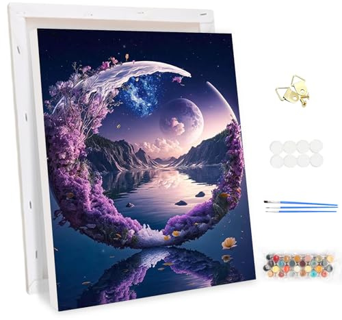 MEIYUDA Pintar por Numeros Adultos con Marco Lago Luna, DIY Painting by Numbers Kits Cuadros por Numeros, Pintura de Bricolaje Sobre Lienzo con Pinceles Decoración para el Hogar 30x40cm