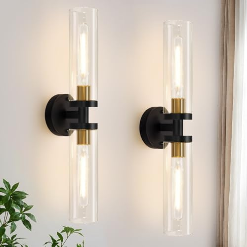 Indoi Wall Sconces Set of Two, 22 Black and Gold Bathroom Sconces with Clear Glass, Hardwired Modern Sconces Wall Decor Set of 2 Wall Light fixtures for Bathroom Mirror Living Room Hallway Bedroom