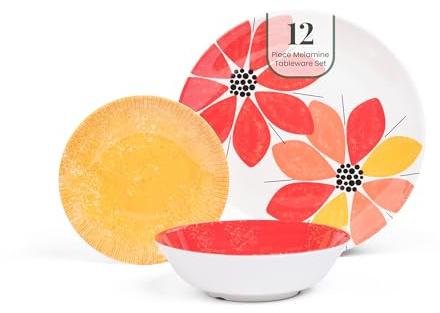 Larder & Vine 12-Piece Melamine Dinnerware Set: Durable, Lightweight, Break-Resistant Plates & Bowls – Stylish, Non-Toxic, Dishwasher Safe – Ideal for Everyday Use, Indoor & Outdoor Dining – Floral
