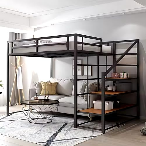 Dreame. Modern Twin XL Metal Loft Bed Frame with Premium Wood Storage Shelves & Stairs, Space-Saving Design, Matte Black Finish