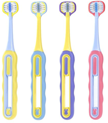 FOREVIVE 3-Sided Toddler Toothbrush 4-Pack | Ultra-Soft Bristles for Ages 1-12 | 4 Fun Colors (Gentle, 360° Cleaning, Comfortable for Sensitive Gums), Easy-Grip Handle & Quick Cleaning