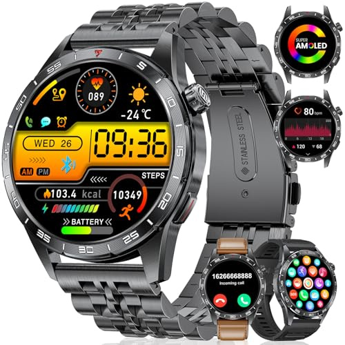 Montre Connectée Homme avec Appels Bluetooth, 1.43'' HD Amoled Écran Smartwatch avec Fréquence Cardiaque/Sommeil, IP68 Étanche Montre Fitness avec 120 Modes Sportifs, 3 Bracelet(Métal/Cuir/Silicone)