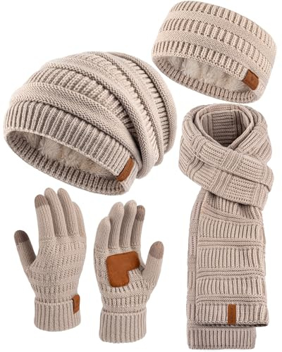 Women Beanie Scarf Gloves Headband Set Winter Hats Fleece Lined Scarf Touchscreen Gloves Ear Warmer Knit 4 Gift Set