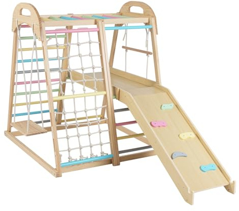 GYMAX Palestra in Legno 8-in-1 per Bambini, Set Gioco Montessoriano con Scivolo, Altalena, Barrette da Scimmia, Scala a Corda, Piattaforma, Scala Arrampicata e Rete (Colorato, 198 × 105 × 124 cm)