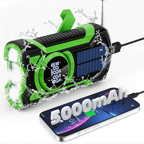 Gemmac Radio Solar de Emergencia con Manivela, Am/FM/SW Radio Solar Portátil con Batería Recargable 5000mAh / Linterna LED/Alarma SOS, Radios de Emergencia con Bluetooth para Emergencias Apagones