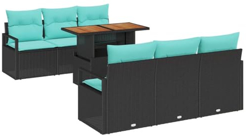 Mhdvray Set di divani da giardino da 7 pezzi, in polyrattan e legno di acacia, gruppo lounge per terrazza e giardino, gruppo di sedute con funzione vano portaoggetti, cuscino incluso, nero e blu