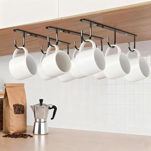 3 Pièces Porte-Tasses Noirs sous Placard, 9 Crochets, Fixation par Adhésif ou par Vis, Support Café Suspendu sous Armoire, Porte Tasse pour Ustensiles de Cuisine, Range-Tasses Organisateur Maison, Bar