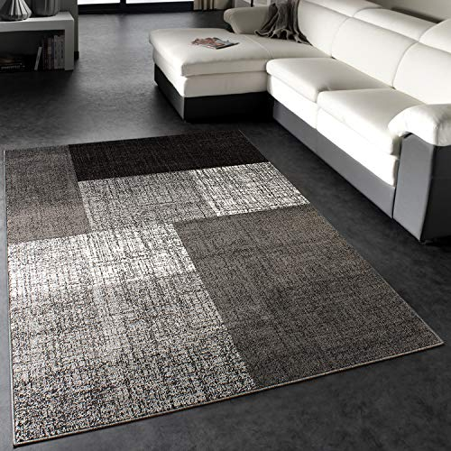 Paco Home Designer Teppich Modern Kariert Kurzflor Design Meliert In Grau Creme Braun, Grösse:60x110 cm
