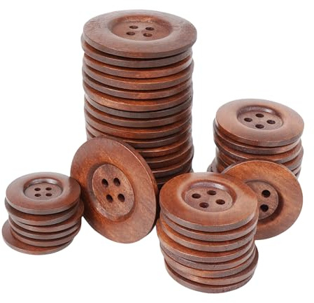 Chenkou Craft 20 botones redondos de madera de tamaño grande de 60 mm, color marrón, 4 agujeros, botón de costura para manualidades