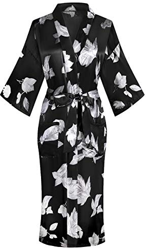 DandyChic Robe longue en satin pour femme - Motif floral - Imitation soie - Robe de chambre pour demoiselle d'honneur, Noir/feuille, L