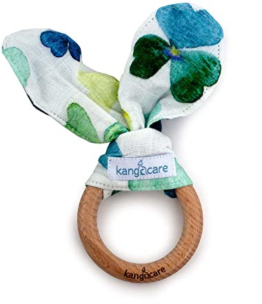 Kanga Care Baby Soft Muslin Sensory Crinkle Bunny Ear Wood Teething Ring - Clover Leaf