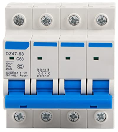 Disjoncteur Triphasé 63A, Disjoncteur de Fuite 4P 63A 400V, Mini Disjoncteur, Interrupteur Différentiel DC DZ47-63 Disjoncteur Miniature 4P, Interrupteur Pneumatique