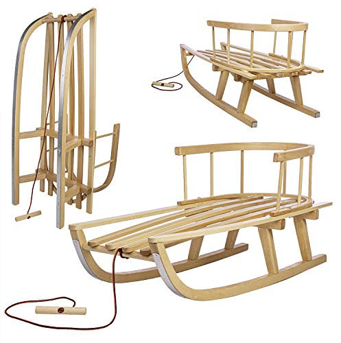 Holzschlitten für Kinder mit Rückenlehne und Zugseil - Klassischer Schlitten mit Stahlkufen - Geprüfte Sicherheit mit schützenden Seitenstangen - Braun lackiert 90 x 33 x 38cm