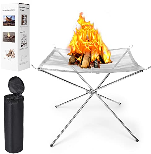 Feuerschale 56cm Outdoor – Edelstahl Feuerstelle für Garten, Camping, Strand, BBQ & Picknick – Tragbare Feuerkorb mit Rost