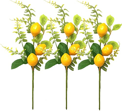 Aphmeir 3 Pack Artificial Lemon Branches Plants Decor, 17 Inch Lifelike Lemon Decor Fake Lemons, Artificlal Fruits Lemon Tree Picks Lemon Decorations for Kitchen Home Deocr