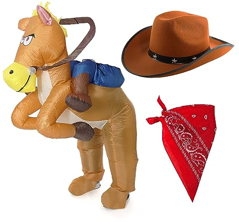 Vuxna cowboy maskeraddräkt – uppblåsbar ridhäst, brun cowboyhatt, röd paisley bandana – vuxna vilda västern maskeraddräkt