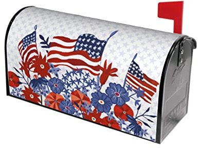 Sweetshow Day 4th of July American Flag Mailbox Cover Patriotic Memorial Magnetic Covers Colorful Flowers Star Large Post Letter Box Garden Yard Home Decor for Outside 21'' x18''