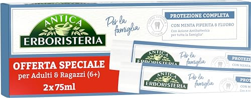 Antica Erboristeria - Dentifricio Family Protezione Completa con Azione Antibatterica, con Menta Piperita e Fluoro - 75 ml x 2