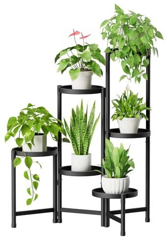 iDavosic.ly Support pour plantes d'intérieur à 6 niveaux, support d'angle en métal pour plantes multiples, support pliable en fer, noir