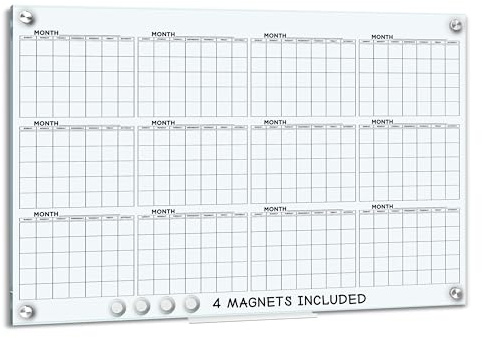 Yearly 24x36 Glass Magnetic Whiteboard Calendar Planner - Dry Erase Board for Wall Monthly Home Office Large Wall Calendar