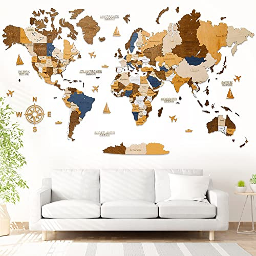 WOW WOOD® Mappa del Mondo in Legno 3D in Italiano - Decorazioni murali di Alta qualità | Montaggio a Parete Senza Attrezzi | Idea Regalo per Ogni ricorrenza (62.00 x 120.00 CMS, Multicolore)